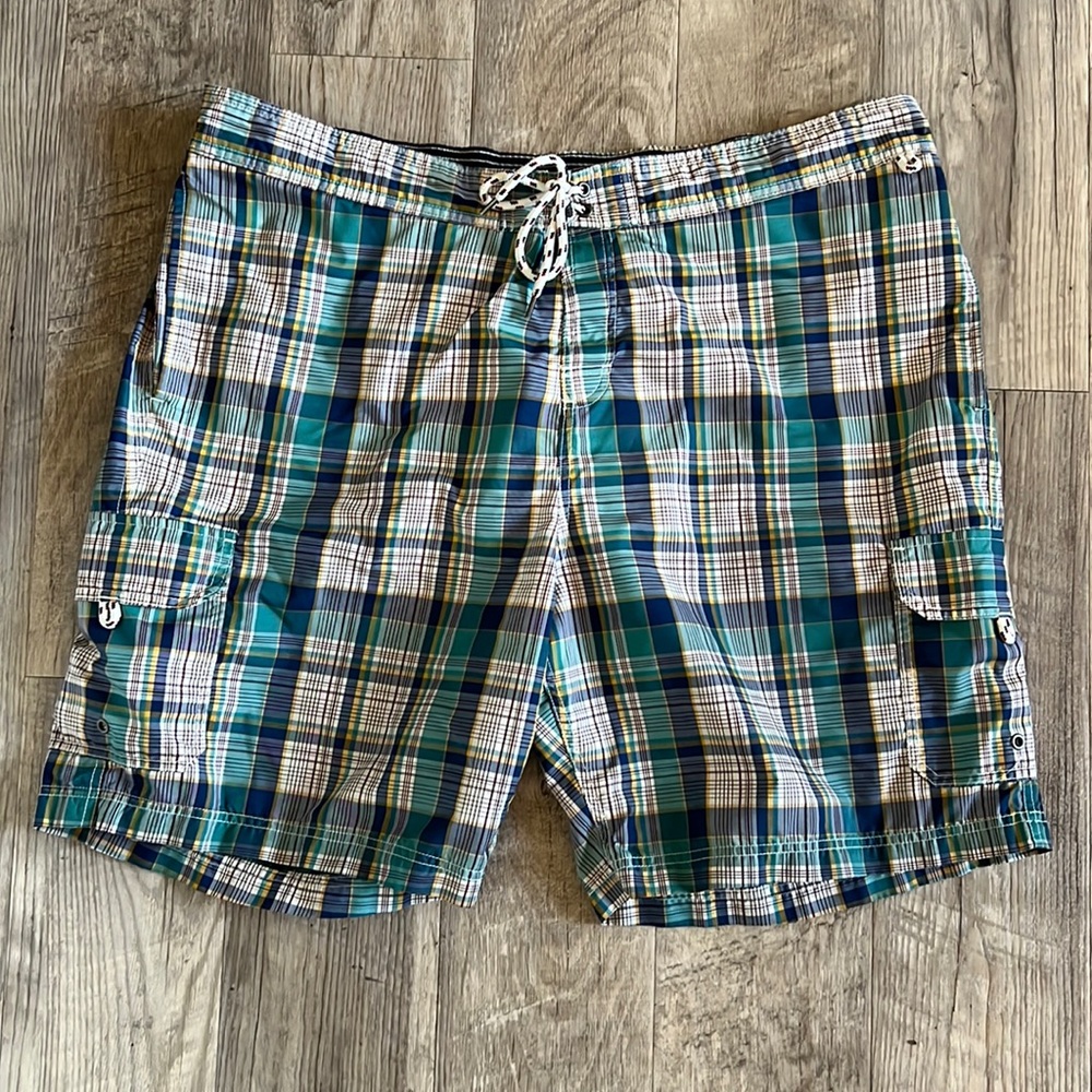 Lands’ End Plaid Swim Trunks.